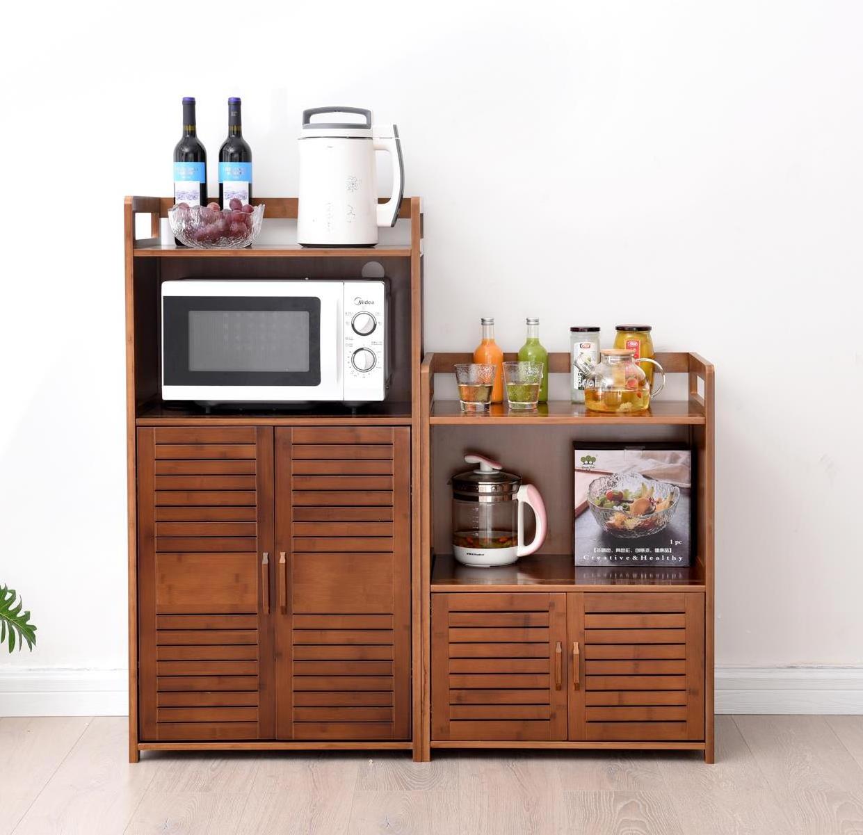 Kitchen Shelf Multi-storey Floor Microwave Oven Cabinet Solid Wood Door Storage Cabinet Bamboo Products Shelf