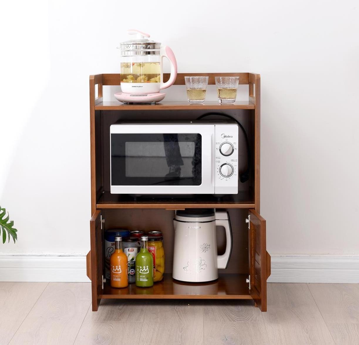 Kitchen Shelf Multi-storey Floor Microwave Oven Cabinet Solid Wood Door Storage Cabinet Bamboo Products Shelf