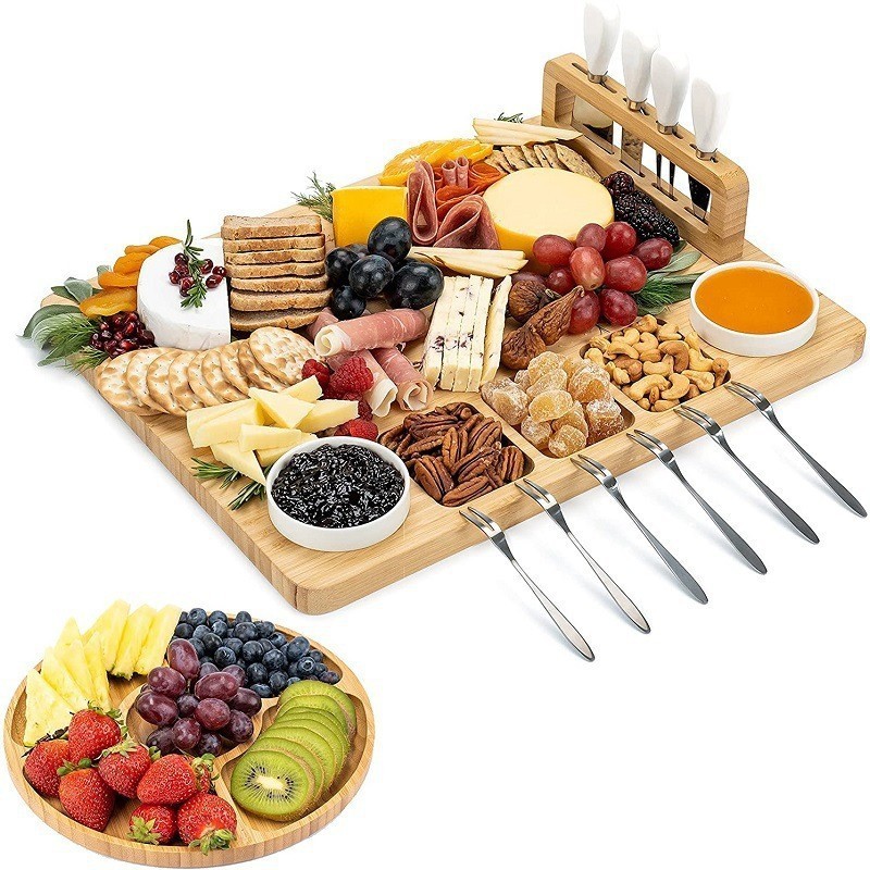 Factory Direct Hot Selling Dinner Plate Set Magnetic Holder Bamboo Cheese Plate With Stainless Steel Knife