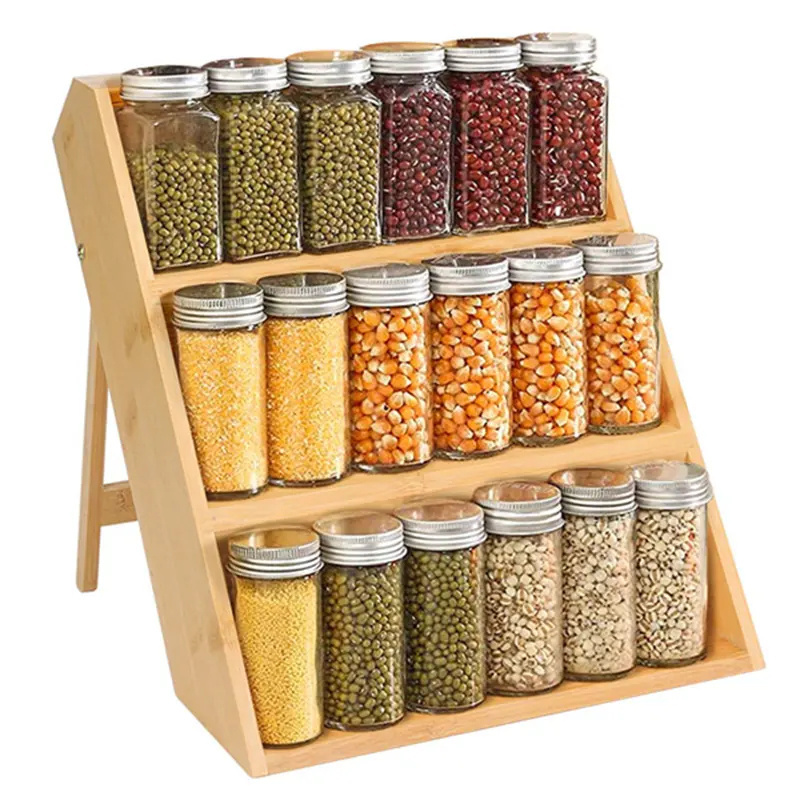 3 Tier Kitchen Bamboo Spice Jar Organizer Kitchen Counter Top Standing Seasoning Organizer Shelf Bamboo Bins