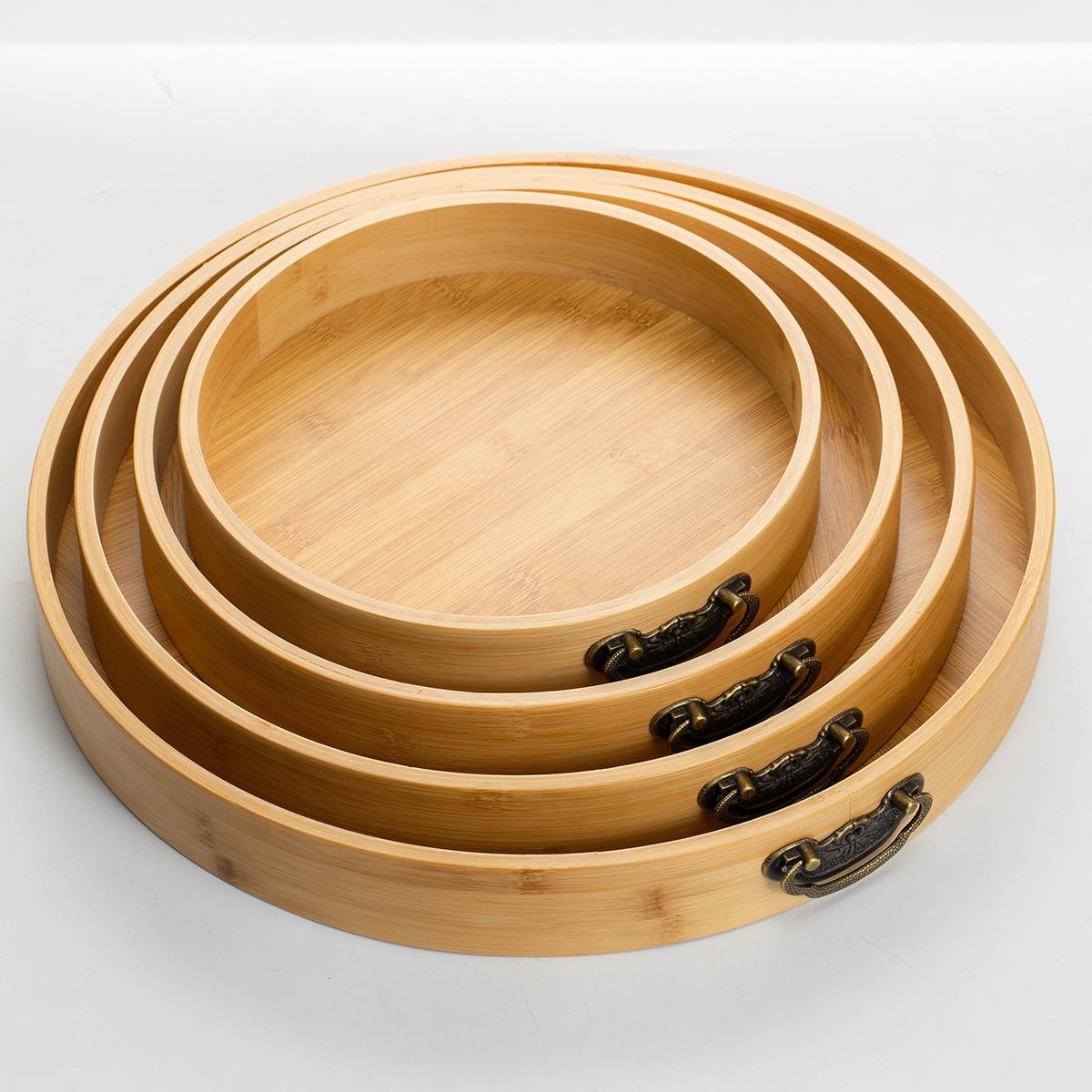 Factory Direct Sales 4-Piece Set With Metal Handles Bamboo Food Tray Natural Sturdy Round Bamboo Tray