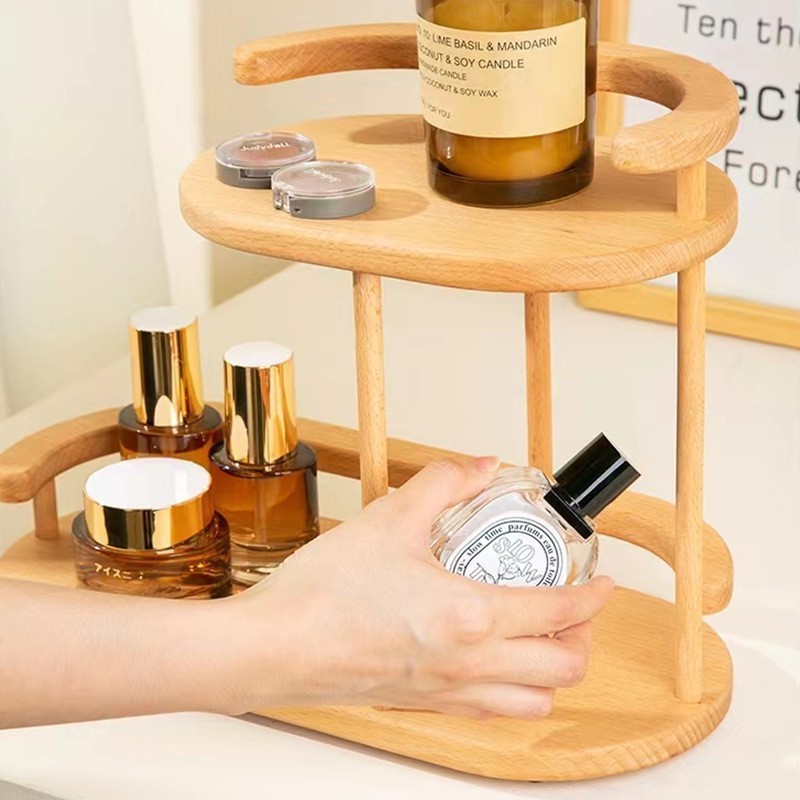 Unique Countertop Bamboo Makeup Organizer Cosmetic Jewelry Storage Stand with Ring Necklace Bracelet Hanging Earring Tower