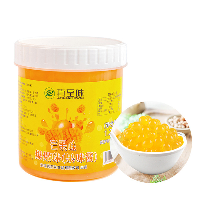 Chinese Most Popular 1.2Kg Mango Flavored Popping Boba Bubble Tea And Dessert Material Fruit Flavored Bursting Boba Pearls Drink