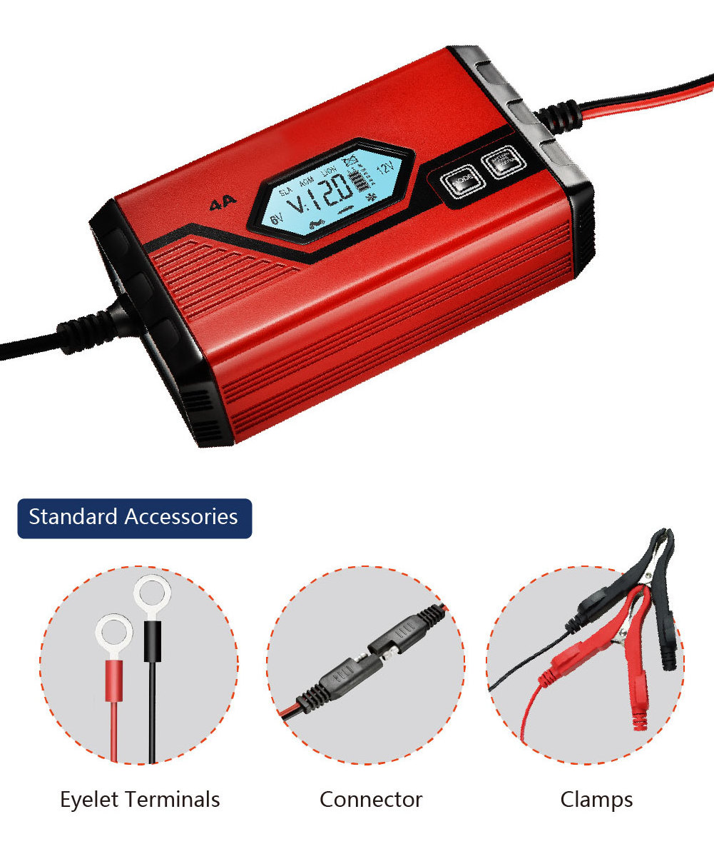 AC to DC Car 6V & 12V 4-Amp Car Battery Charger, 12V and 24V Smart Fully Automatic Maintainer Trickle Charger  for Truck Motorcy