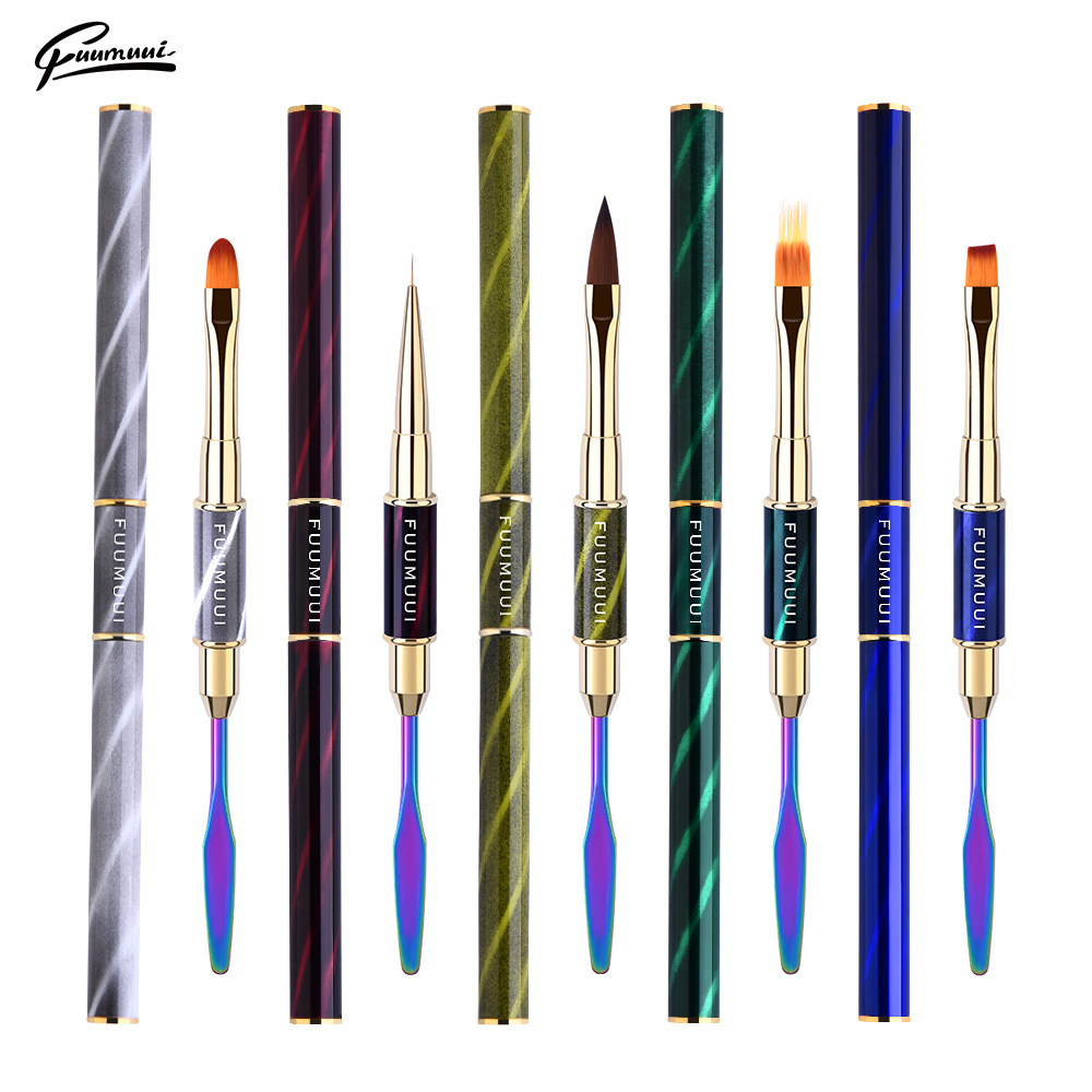 Professional OEM Double Side Metal 3D Flower Ombre Liner Gel Nail Art Brush brush on nail glue private label  With Spatula