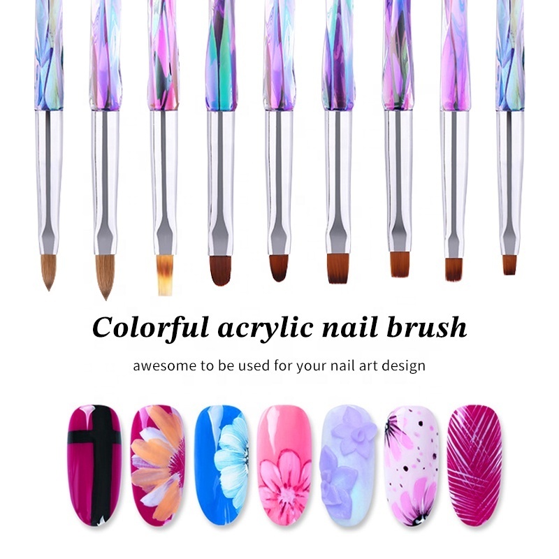 Colourful Crystal Handle Nail Polish Applicator 3d Pure Kolinsky Tips Gel Nail Art Brush Set Manicure Brushes Tools