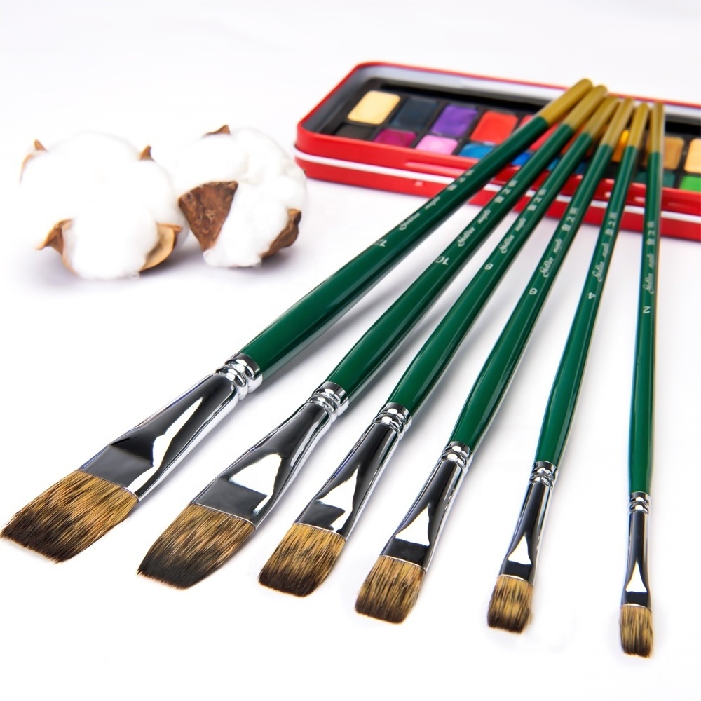 FUUMUUI 6pcs Filbert Flat Sable Hair Artist Watercolor Oil Painting Brush Set