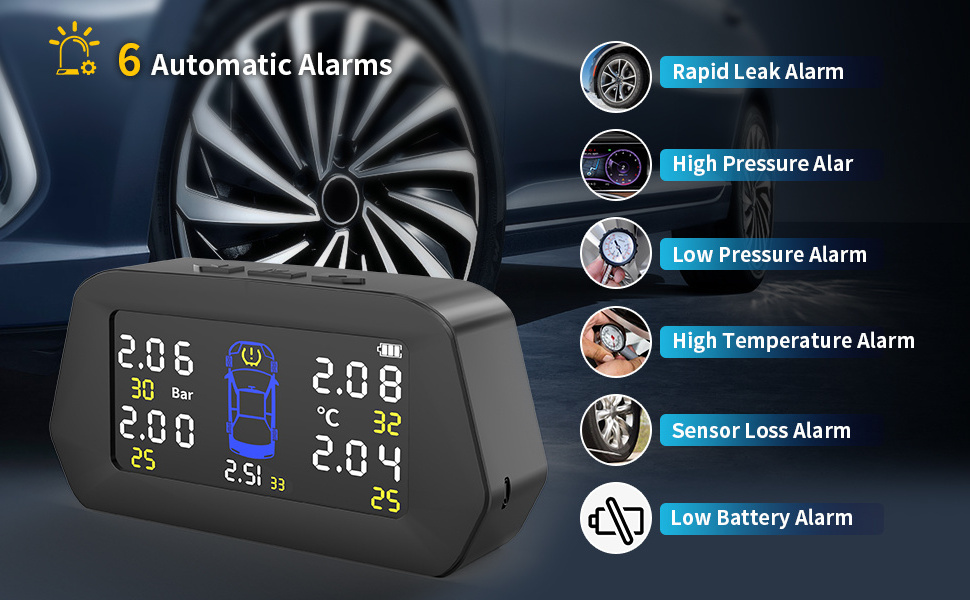 Tire pressure monitor Built-in external TPMS General Tire Detection Monitor Wireless solar tire pressure monitor