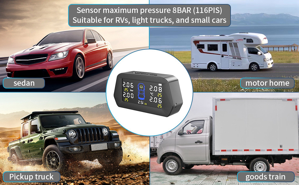 Tire pressure monitor Built-in external TPMS General Tire Detection Monitor Wireless solar tire pressure monitor