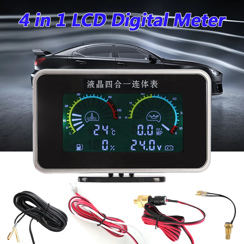 12v/24v 4-in-1 liquid crystal oil pressure voltmeter Water temperature oil meter with 10mm temperature sensor for cars and truck