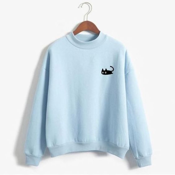 Cozy and Warm Drop Shoulder Black Cat Printed Pullover Women Sweatshirt Blue (GOTS)