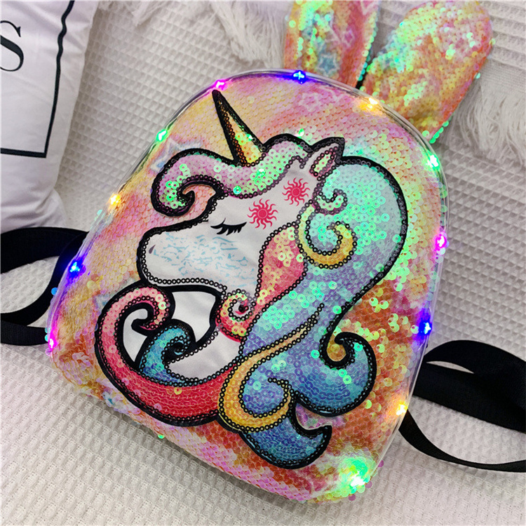 2019 Latest Fashion Kids Mini Bag Custom Light Glitter rabbit Bag Cartoon Girl unicorn Shining Sequin Backpack mochila LED