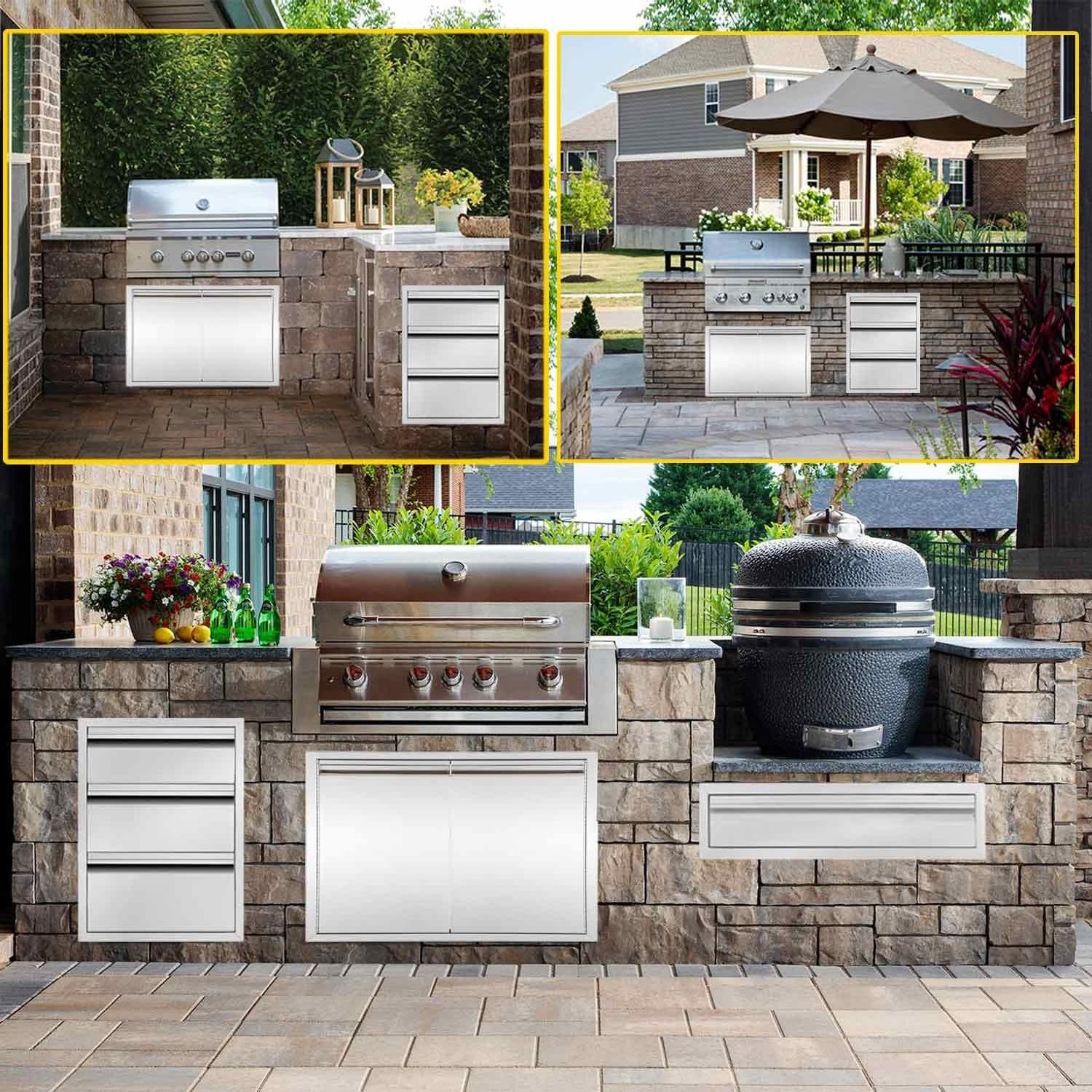 Outdoor Kitchen Drawer Stainless Steel BBQ Triple Drawer Flush Mount Kitchen Storage Drawer