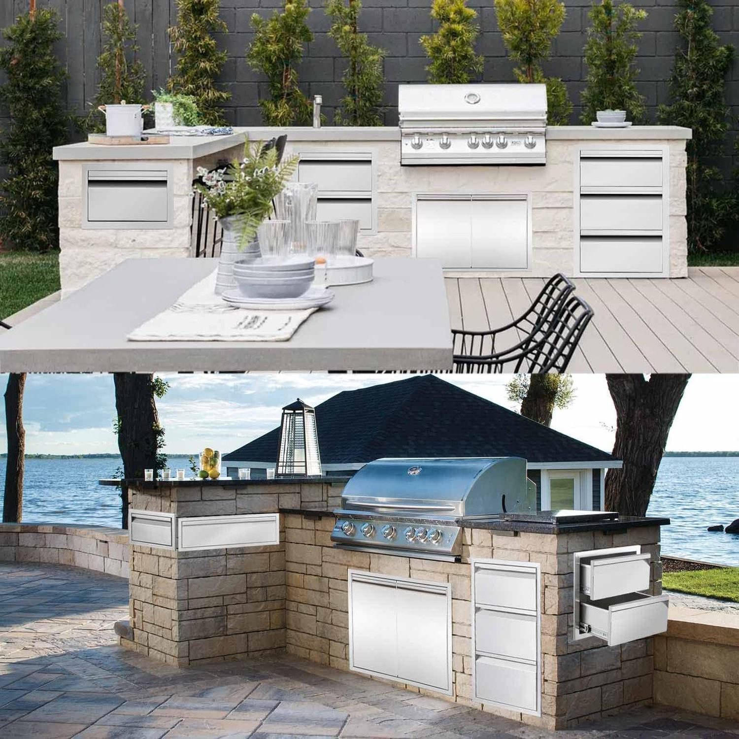 Outdoor Kitchen Drawer Stainless Steel BBQ Triple Drawer Flush Mount Kitchen Storage Drawer