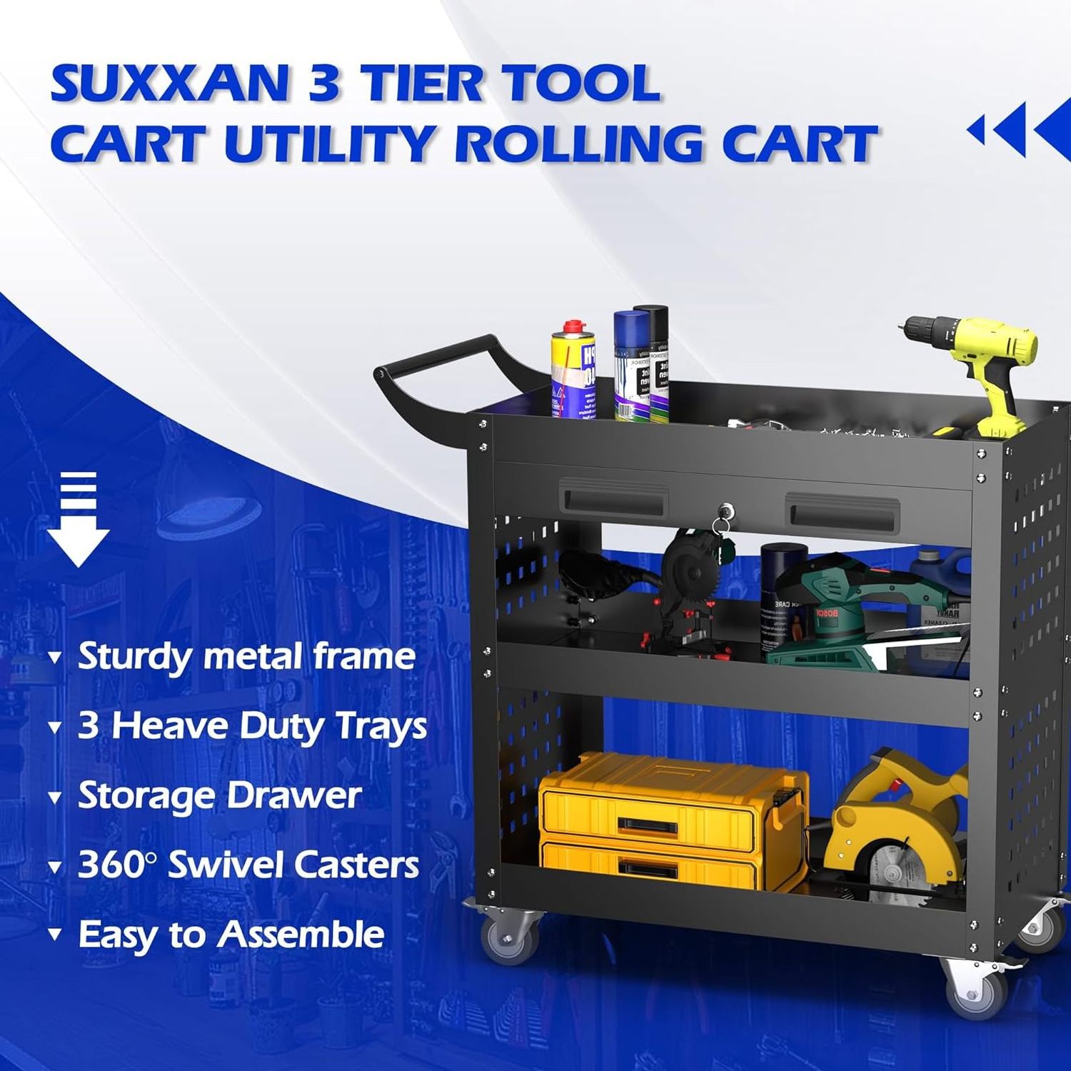 Tool Cart with Wheels Utility Rolling Cart with Drawer Heavy Duty Metal Storage Cabinet for Home Garage and Workshop