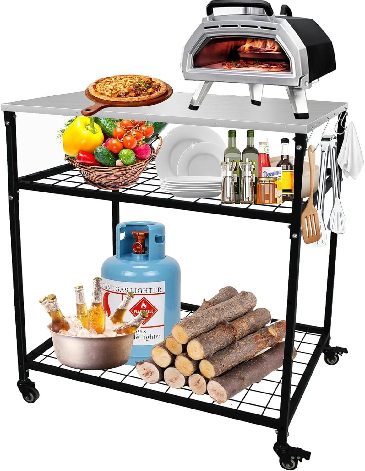 Outdoor Grill Table with Wheels& Hooks Stainless Steel Pizza Cart Kitchen Rolling Cart with Storage Grill Truck