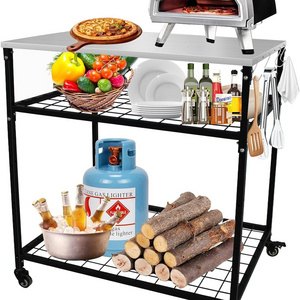 Outdoor Grill Table with Wheels& Hooks Stainless Steel Pizza Cart Kitchen Rolling Cart with Storage Grill Truck