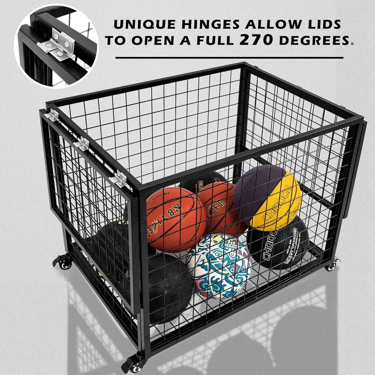 Ball Cart Garage Sports Equipment Organizer Basketball Storage Bin for Indoor Outdoor Rolling Exercise Ball Cart Holder