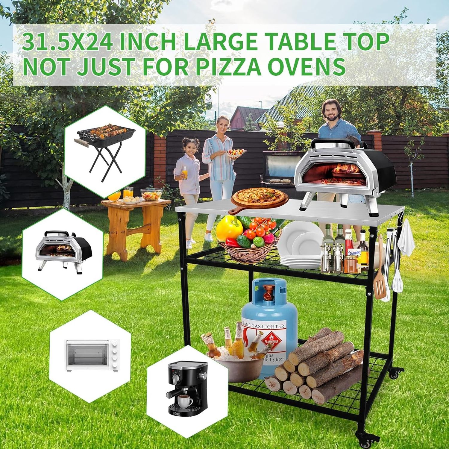 Outdoor Grill Table with Wheels& Hooks Stainless Steel Pizza Cart Kitchen Rolling Cart with Storage Grill Truck