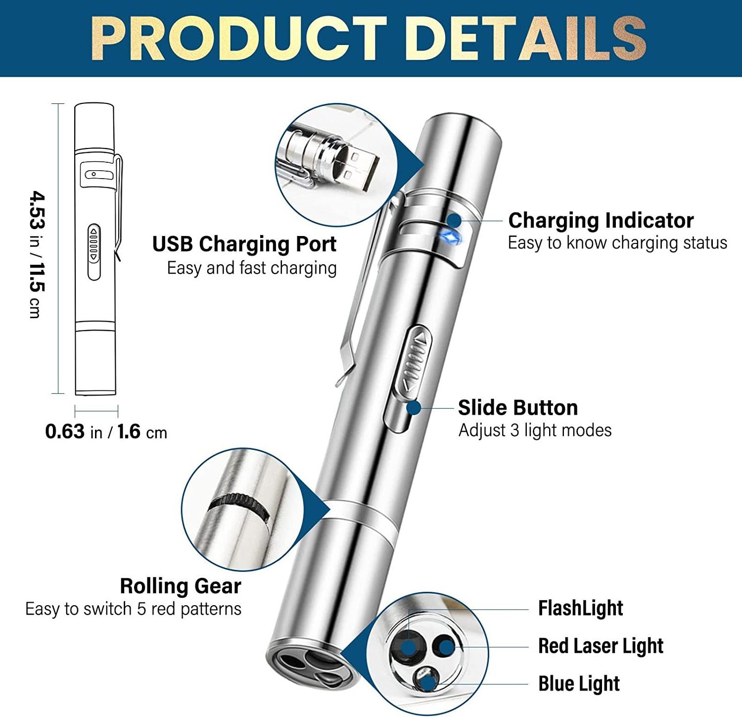 Laser Pointer with 5 Adjustable Patterns USB Recharge Laser Long Range 3 Modes Training Chaser Interactive Cat Dog Laser Toy