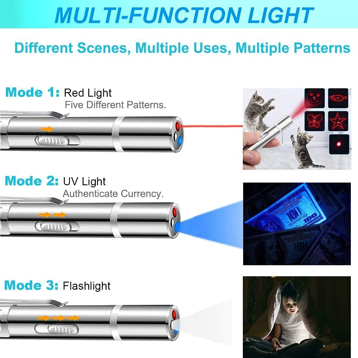 Laser Pointer with 5 Adjustable Patterns USB Recharge Laser Long Range 3 Modes Training Chaser Interactive Cat Dog Laser Toy