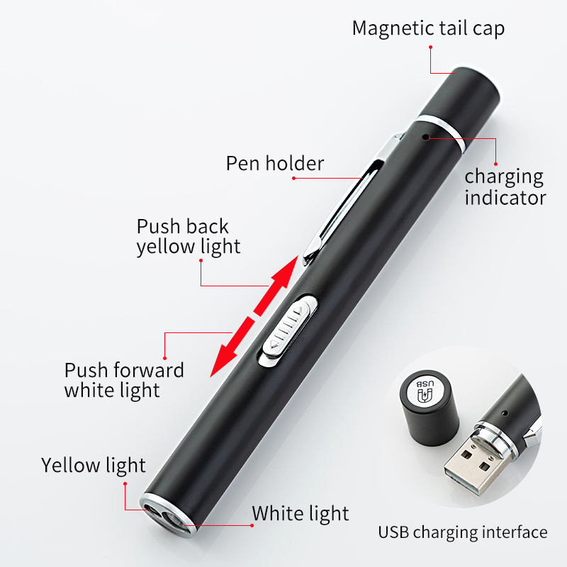 Portable Mini Medical Handy Pen Light USB Rechargeable Dual Light Color Nursing Penlight Flashlight for Medical Students