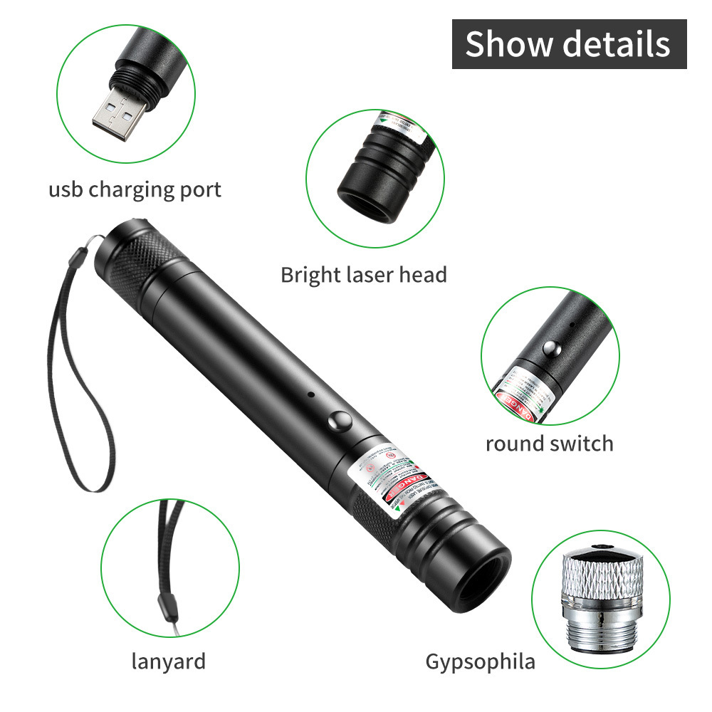 Green Laser Pointer 2000 Meter Long Range High Power Flashlight  Rechargeable Pointer for USB with Star head Adjustable Focus