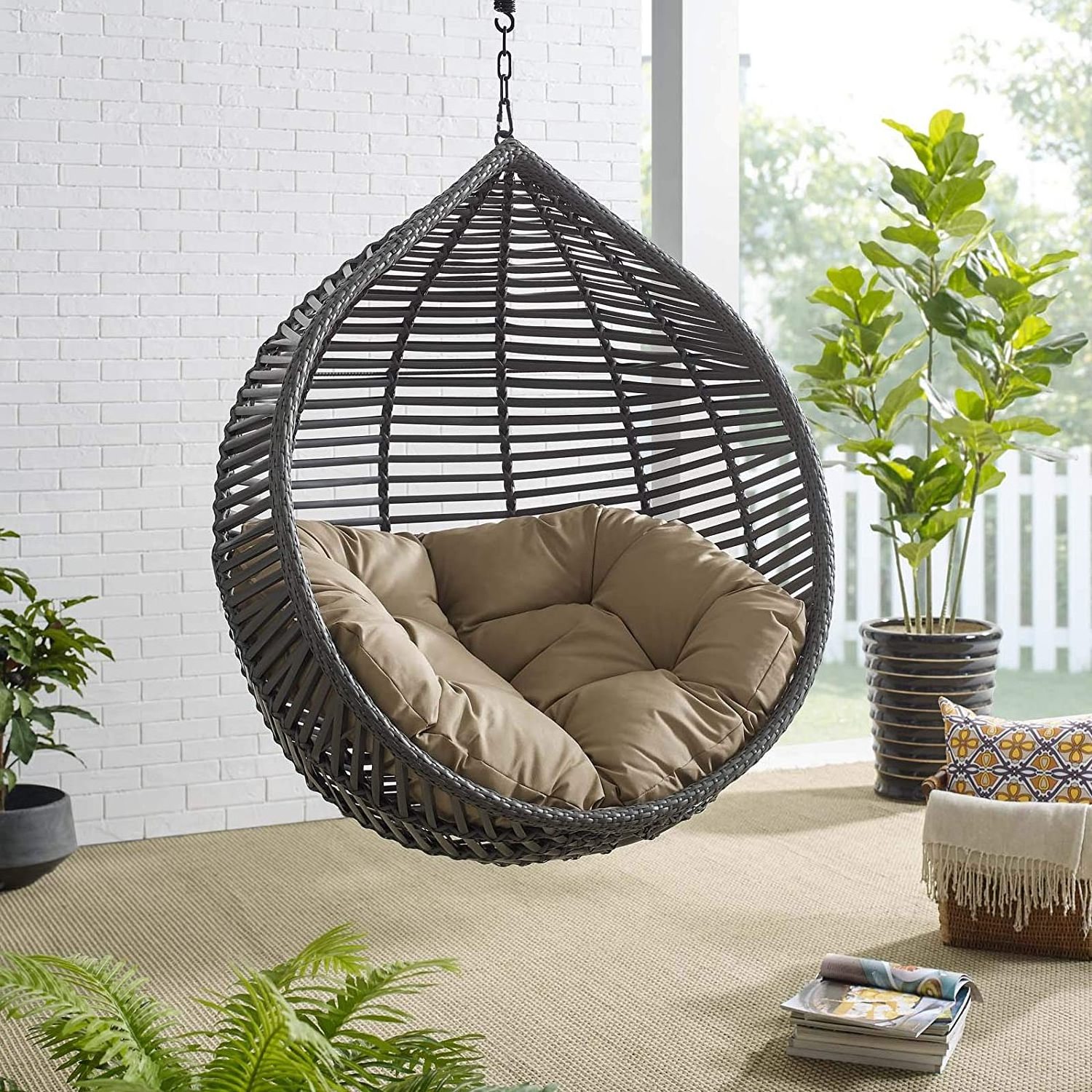 Silla Outdoor Multifunctional Egg Basket Wicker Hanging Garden Patio Swings Chair Washable Cushions with C Hammock Stand Set