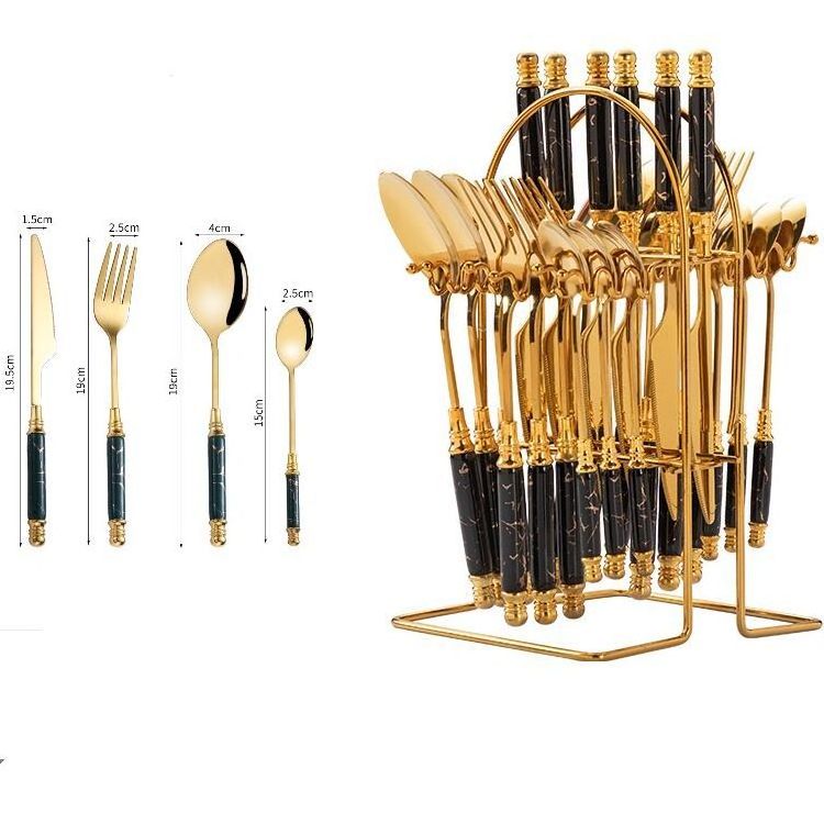 Retro Ceramic Handle Golden Knife Fork Spoon Set Stainless Steel Stirring Spoon Dessert Spoon With Storage Rack