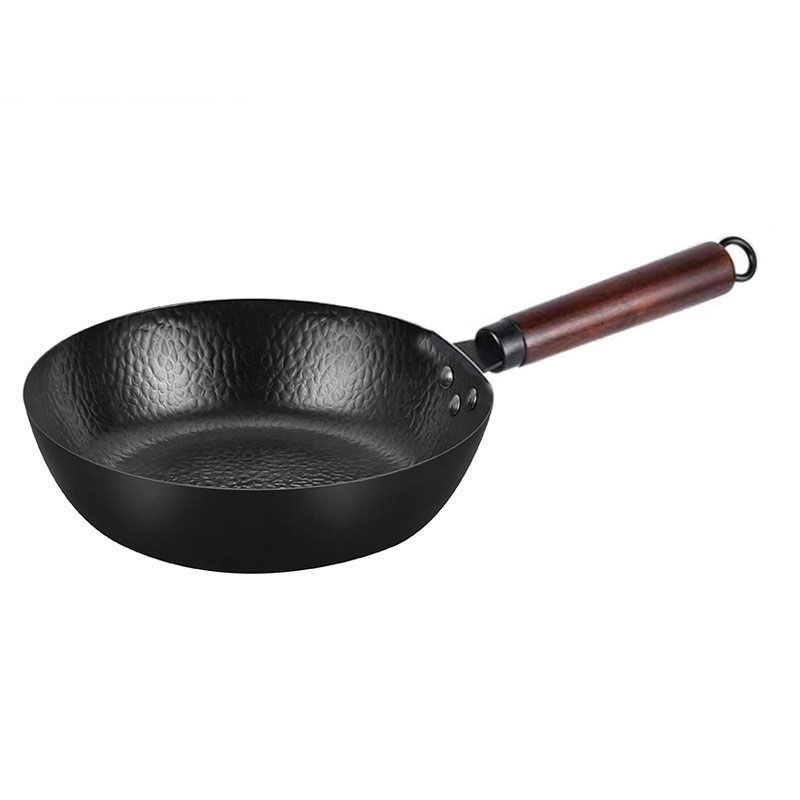 Factory Hot Sale Black Cast Iron Wok Cookware Kitchen Nonstick Frying Pan Uncoated Wooden Handle Home Kitchen Cookware