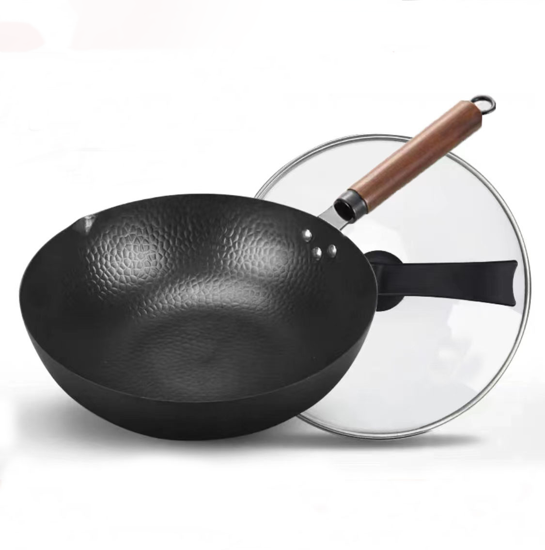 Factory Hot Sale Black Cast Iron Wok Cookware Kitchen Nonstick Frying Pan Uncoated Wooden Handle Home Kitchen Cookware