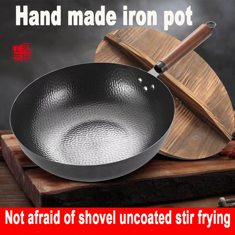 Factory Hot Sale Black Cast Iron Wok Cookware Kitchen Nonstick Frying Pan Uncoated Wooden Handle Home Kitchen Cookware