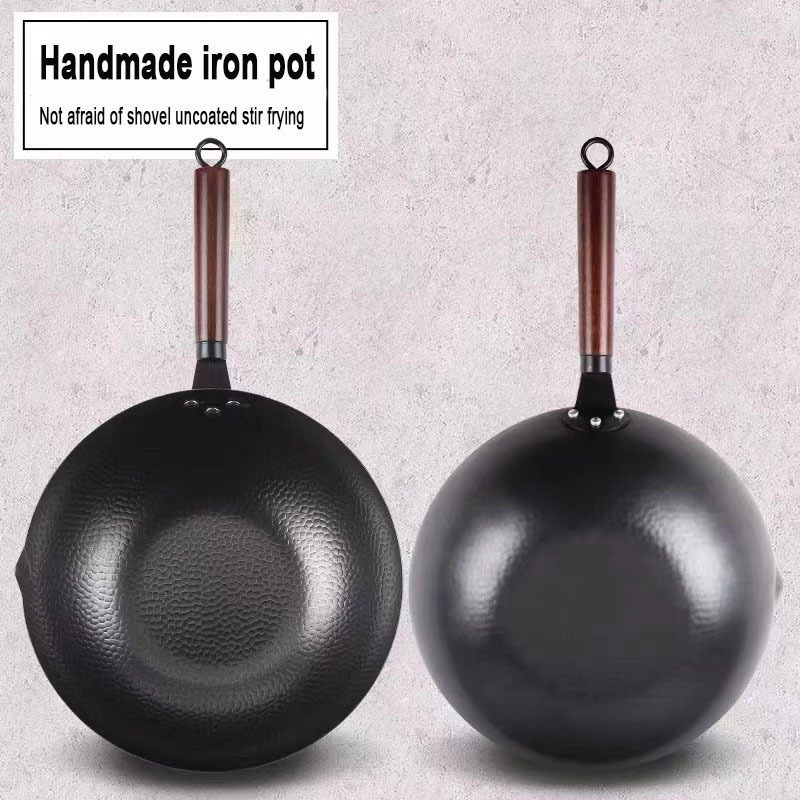 Factory Hot Sale Black Cast Iron Wok Cookware Kitchen Nonstick Frying Pan Uncoated Wooden Handle Home Kitchen Cookware