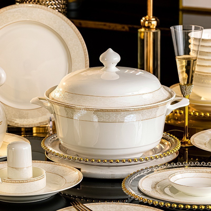 European Luxury Bone China Tableware Free Combination Porcelain Dinner Set with Ceramic Bowls and Plates Cutlery Box Packed