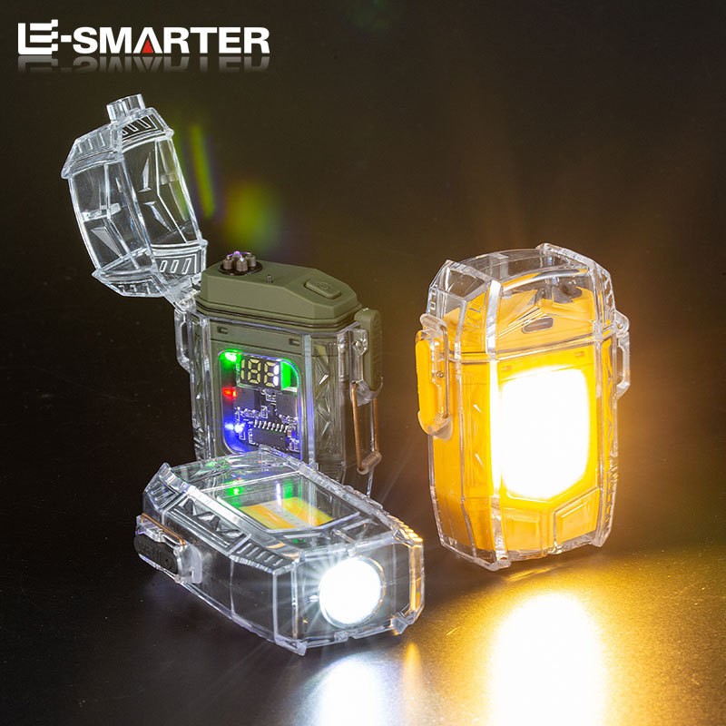 Survival Plasma Arc Outdoor Transparent Waterproof Usb Rechargeable Electric Lighter With Led Cob Light