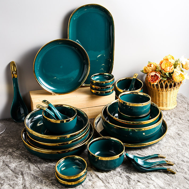 Manufacturer Custom Nordic Green Black White Ceramic Dinner Tableware Set Restaurant Home Porcelain Dinnerware Set with gold rim