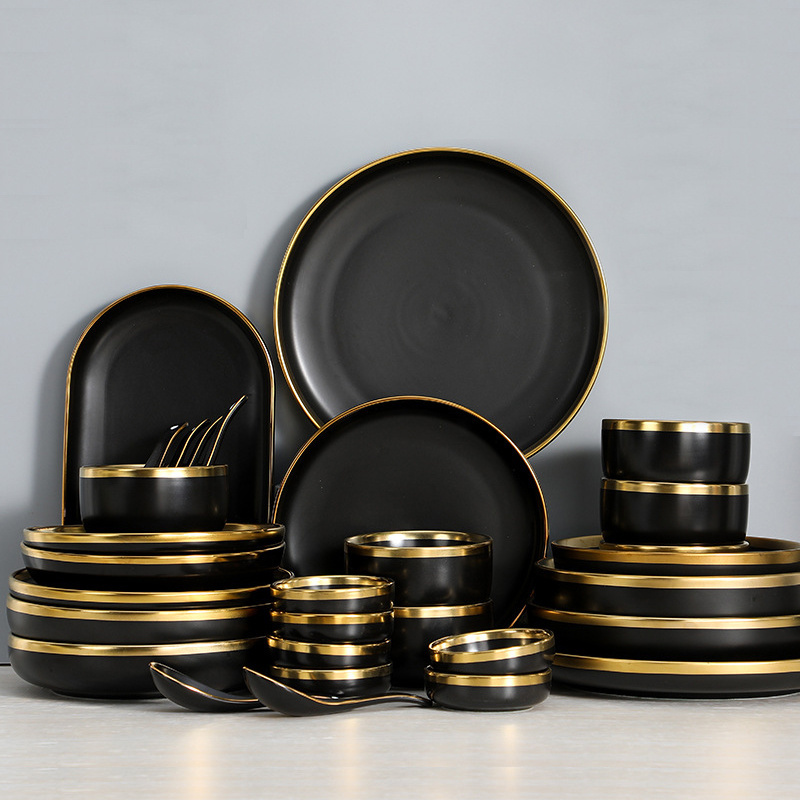 Wholesale Custom Nordic Luxury Gold Rim Matte Black Ceramic Tableware Set Bowl Plate Saucer Porcelain Dinner Sets