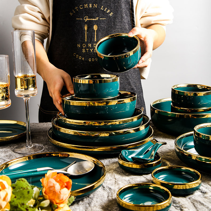 Manufacturer Custom Nordic Green Black White Ceramic Dinner Tableware Set Restaurant Home Porcelain Dinnerware Set with gold rim