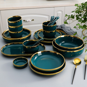 Manufacturer Custom Nordic Green Black White Ceramic Dinner Tableware Set Restaurant Home Porcelain Dinnerware Set with gold rim