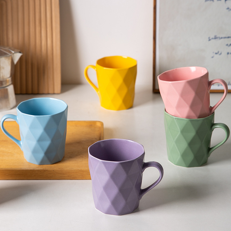 Wholesale Nordic Diamond Creative Color Glaze Porcelain Tea Cup Custom Logo Printed Glossy Promotional Ceramic Coffee Mug