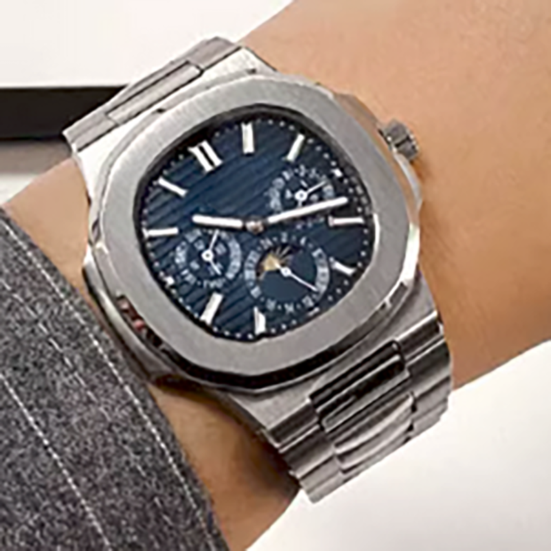 Wholesales all stainless steel calendar luminous sun-moon phase men's leisure mechanical watch