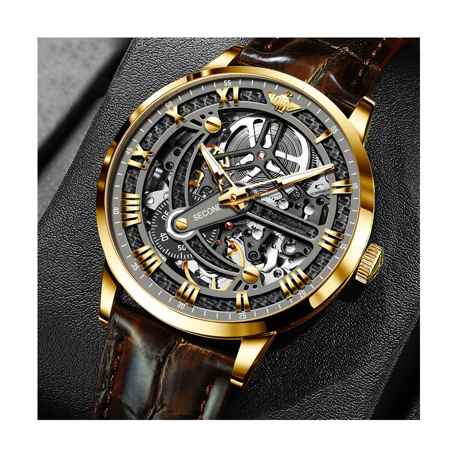 Custom stainless steel case all skeleton flywheel second plate men automatic mechanical watches