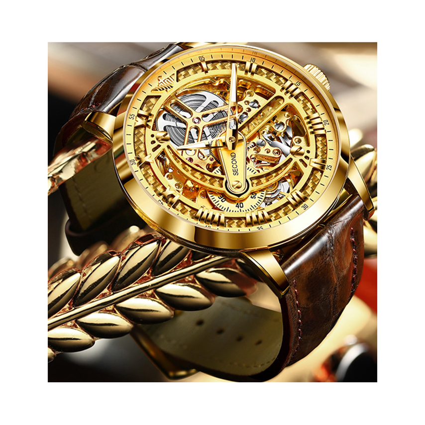 Custom stainless steel case all skeleton flywheel second plate men automatic mechanical watches