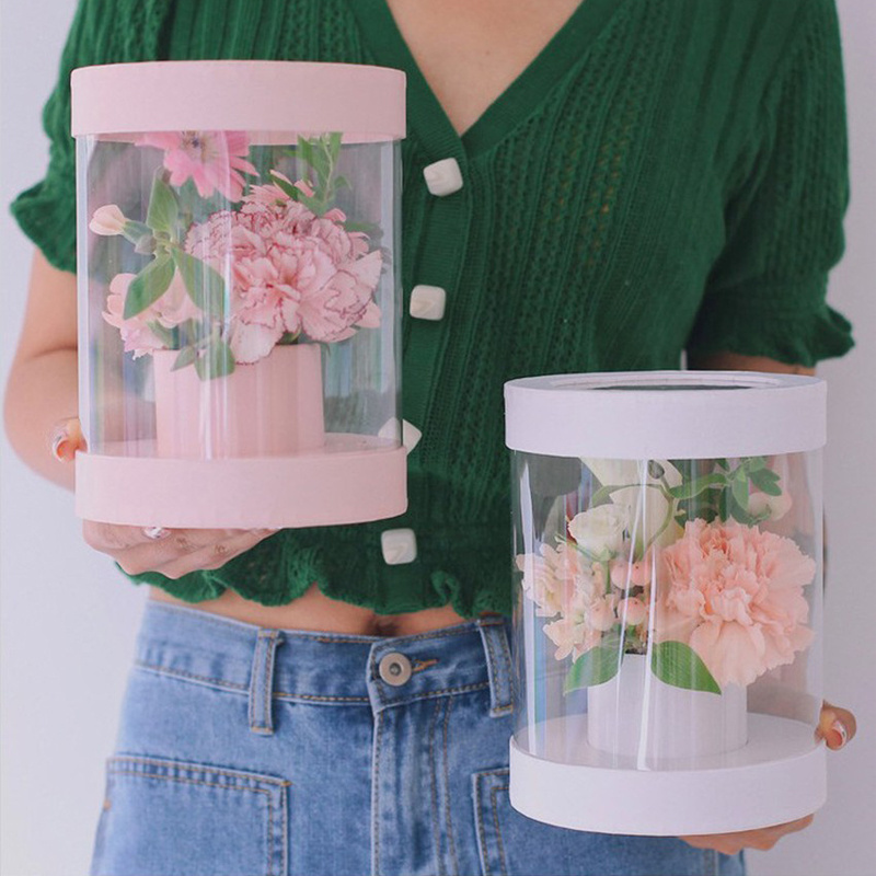 ZL Black Pink Luxury Round Plastic PVC Clear Cylinder Hat Box Cholyn Roses Packaging Soap Flower Gift Box