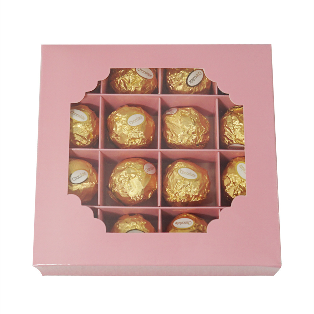 Custom printed logo baby pink glossy foldable chocolate biscuit dessert cake candy candle 16 grid packaging gift box with window