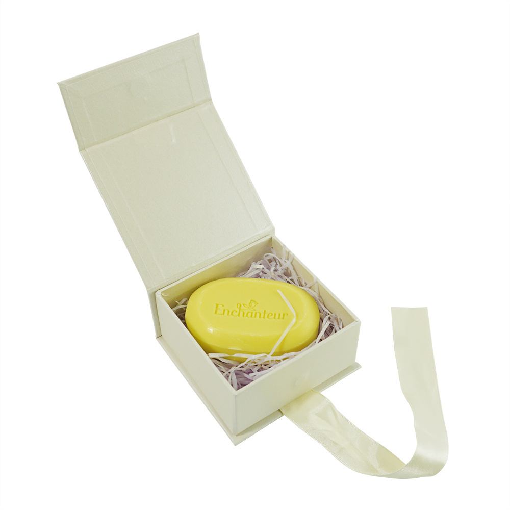 Light yellow cardboard square clamshell magnetic soap packaging handmade nude gift box with ribbon  logo for clothing