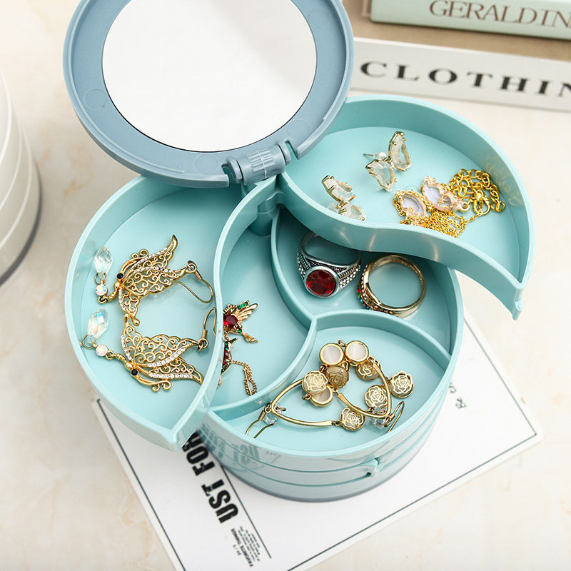 Round Shape Rotating Jewelry Cosmetic Sewing Storage  Ever Box With Mirror