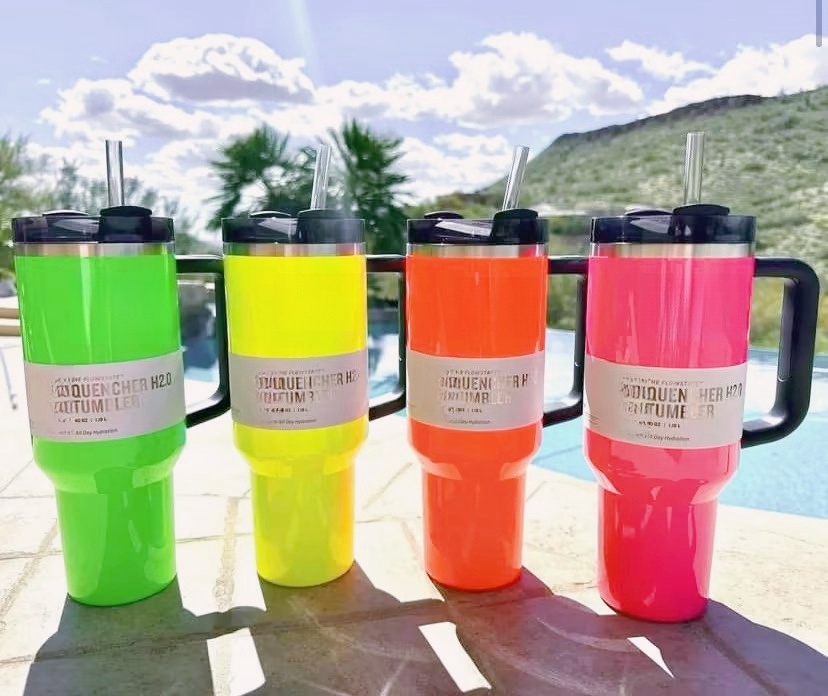 2024 Hot selling thermos cup 40oz Electric Pink double wall stainless steel quencher with handle Neon Green fashion color