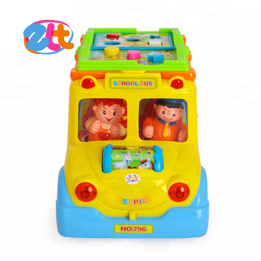 Cartoon plastic educational school kids battery operated bus toy electric building block car