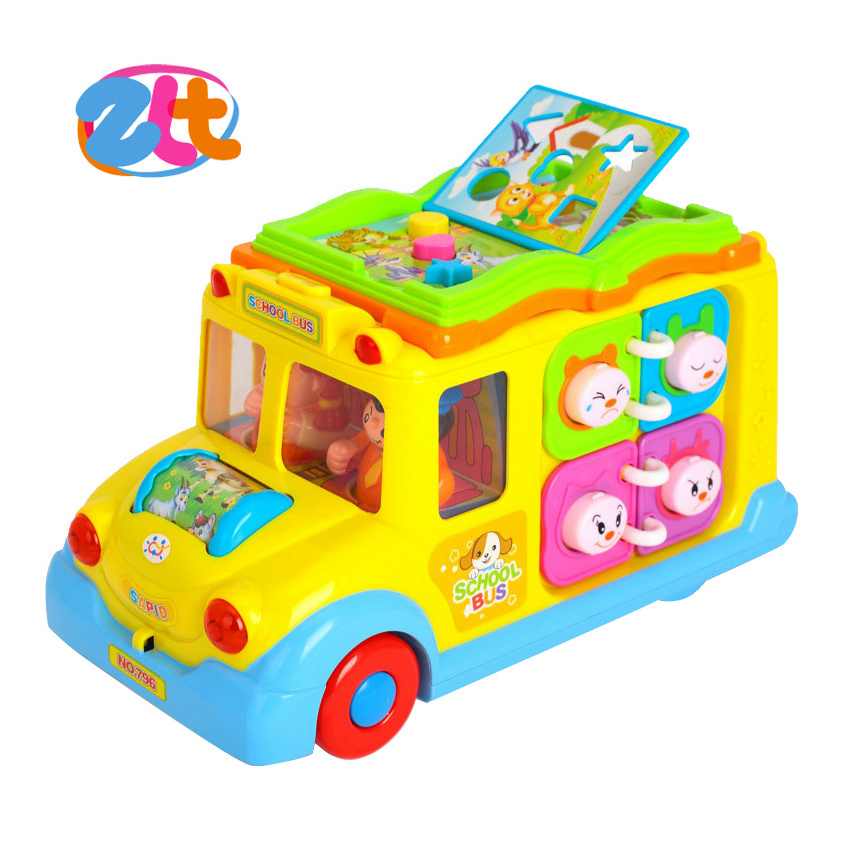 Cartoon plastic educational school kids battery operated bus toy electric building block car